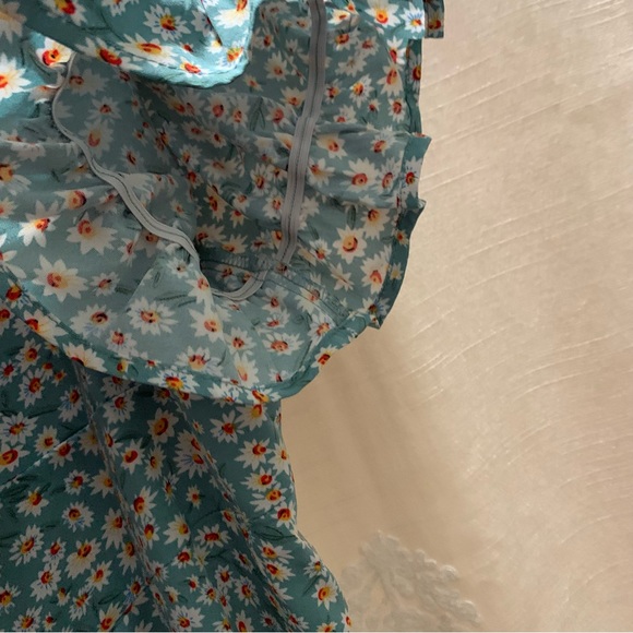 Blue Green Ditsy Floral Print Puff Sleeve Drawstring Self-Tie Ruched Bust Dress - Picture 15 of 16